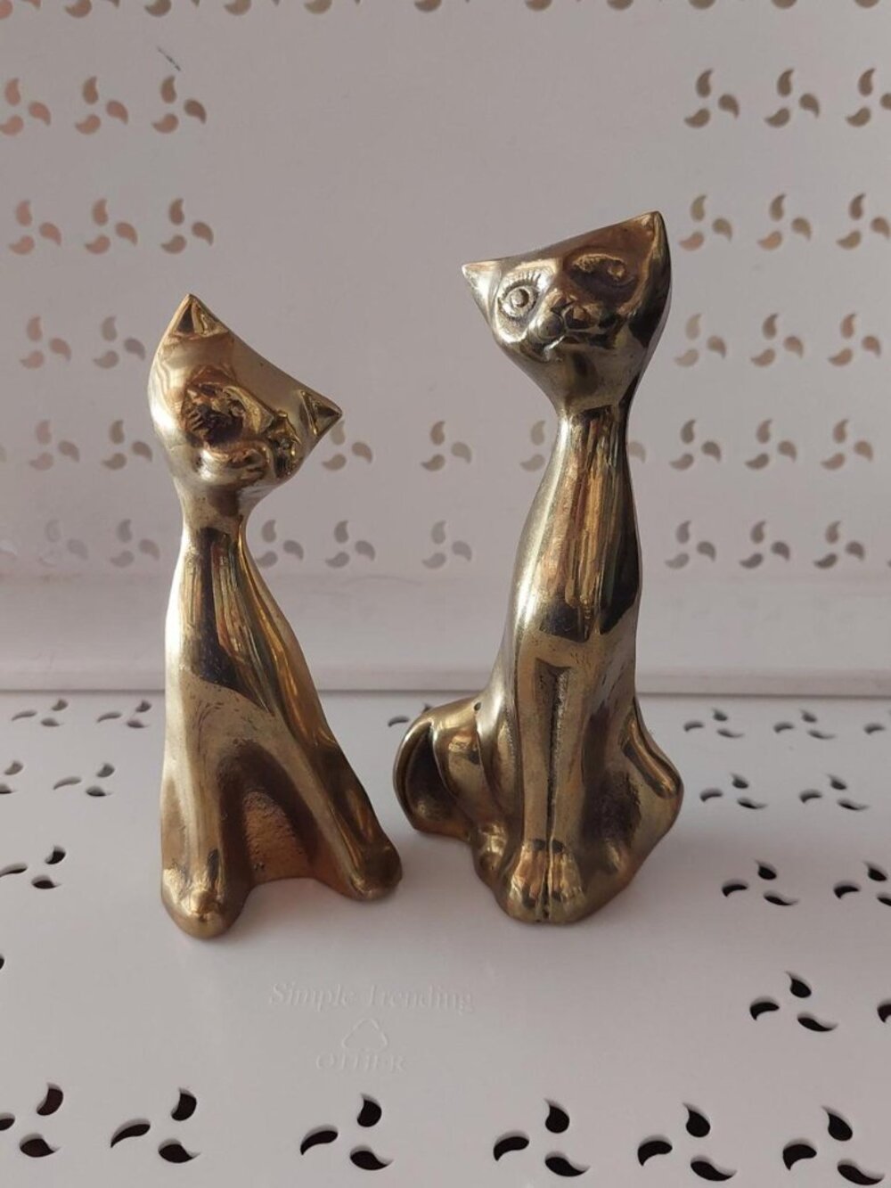 Vtg MCM Brass Cat Figurine Pair Handcrafted Made in Korea Stylized Sculpture 7"